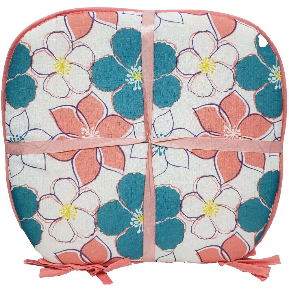 Set of 4 Cushion Chair Pads w/pink ties, 15"x15", PINK, WHITE & BLUE FLOWERS, BH